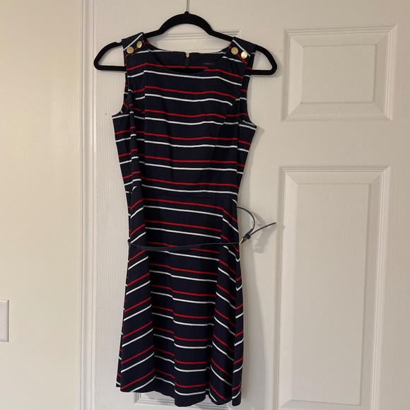 Navy Striped Sleeveless Fit-and-Flare Dress with Gold Button Details And matchin - Picture 1 of 1